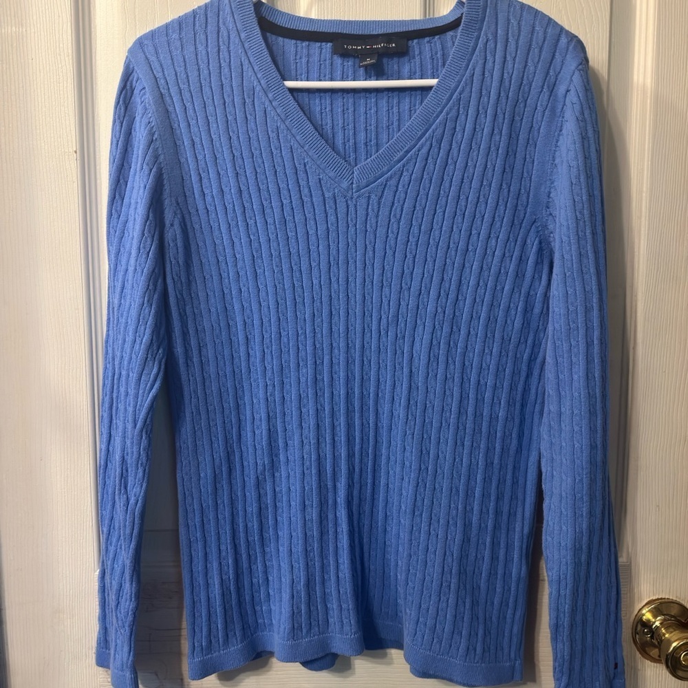 Tommy Hilfiger Blue V-Neck Sweater with Ribbed Texture Long Sleeved Size M